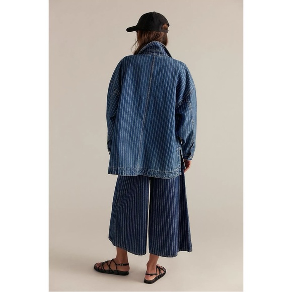 Free People Madison City Pinstripe Denim Jacket Indigo City Stripe Large NWT - Picture 4 of 13